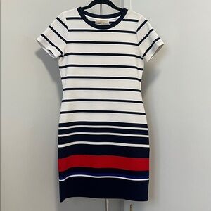 Michael Kors Navy and White Striped Mini Dress with Red Accent